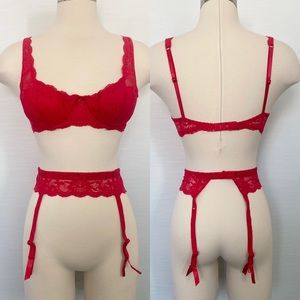 Victoria's Secret Vintage 90’s Red Lace Bra and Garter Set